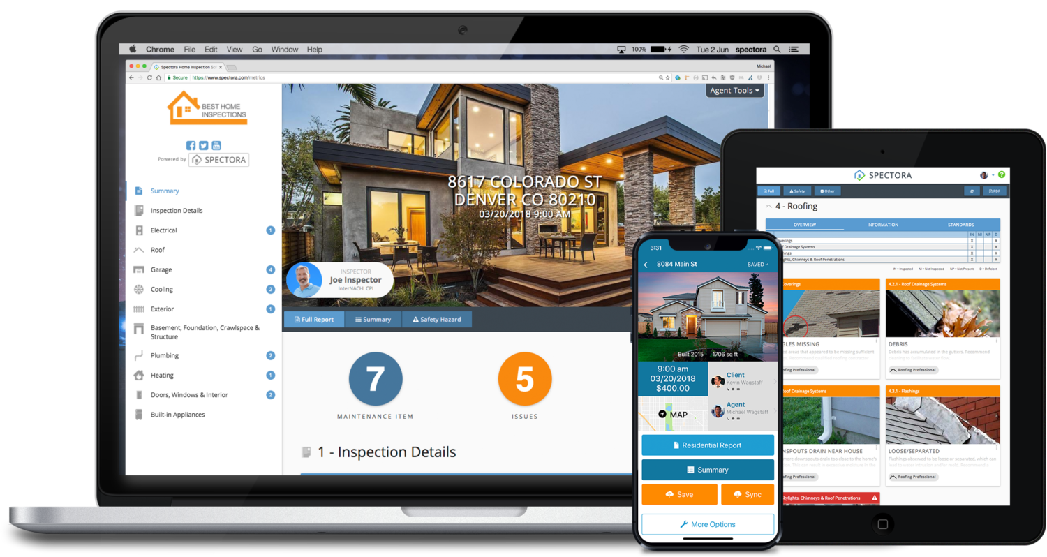 Multiple digital devices displaying home inspection reports, including a laptop, tablet, and smartphone, with images of houses and inspection data.