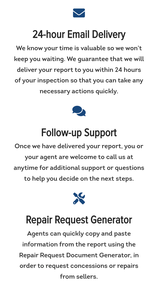 Information about services: 24-hour email delivery, follow-up support, and repair request generator.