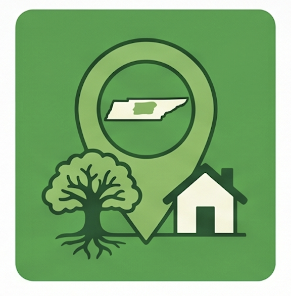 Map of Tennessee within a location pin, a house, a tree with roots, and a state shape of Tennessee in a circular icon, all on a green background.