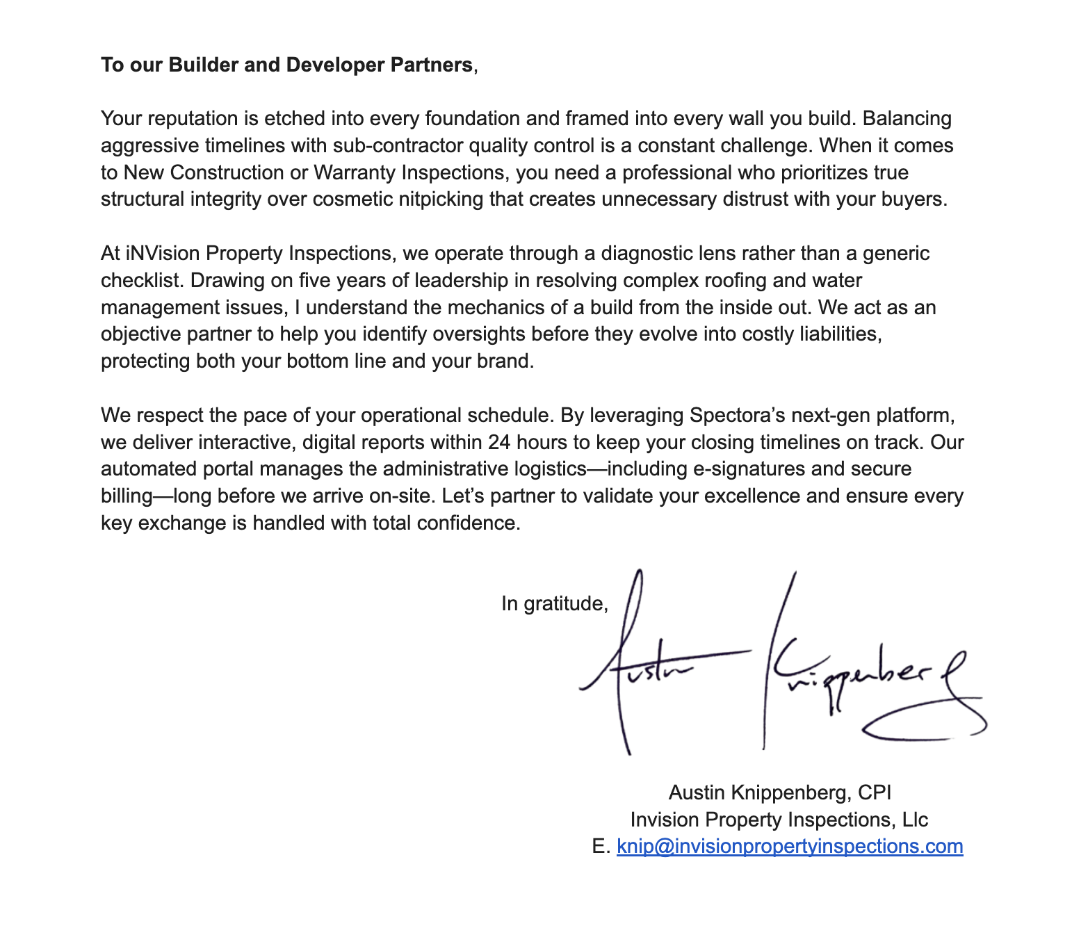 A formal letter from Austin Knippenberg of Invision Property Inspections. The letter is addressed to builder and developer partners, emphasizing quality, integrity, and operational support. It includes a handwritten signature and contact information at the bottom.