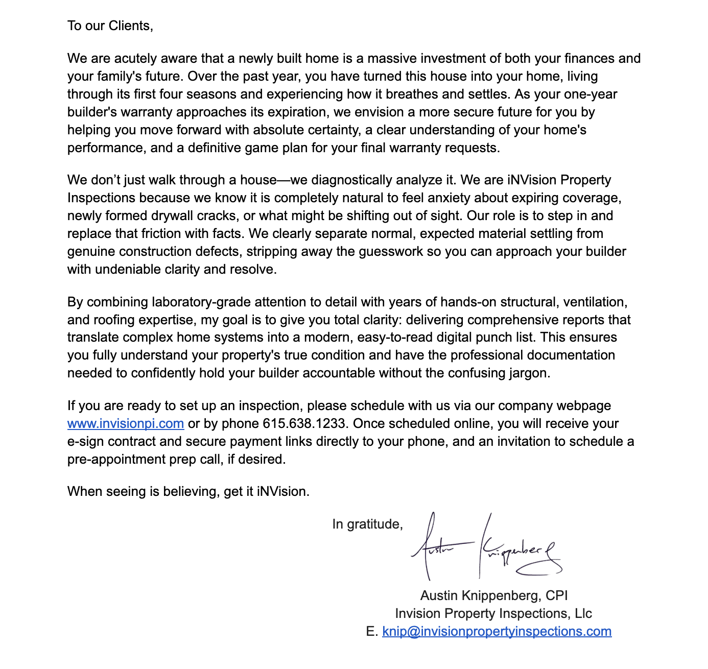 Cover letter from Austin Knippenberg of Invision Property Inspections, LLC, addressed to clients, explaining home inspection process and scheduling details, with signature and contact information.