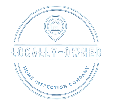 Logo for a locally owned home inspection company with a house icon inside a location pin, and the text 'Locally-Owned' and 'Home Inspection Company' in a circular design.