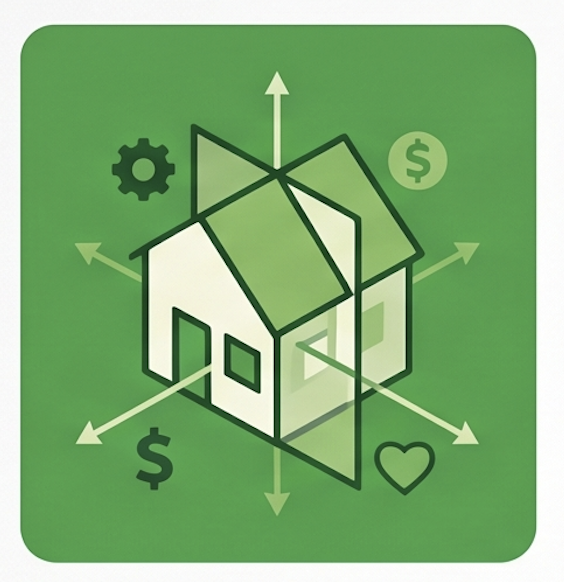 A 3D house icon with arrows pointing in multiple directions, surrounded by icons of a gear, dollar sign, and heart on a green background.
