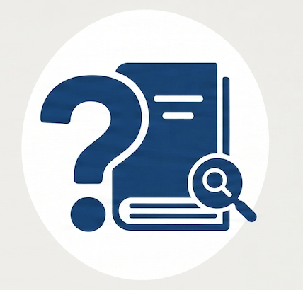 Icon of a large question mark next to a closed book with a magnifying glass.