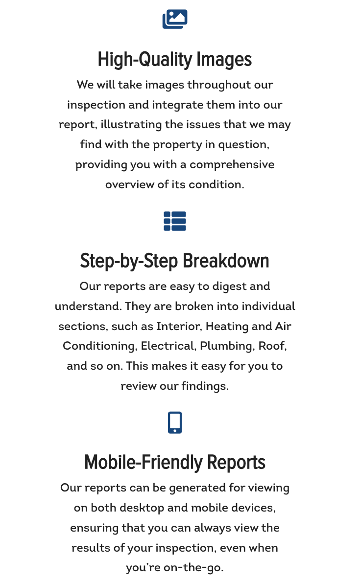 Text explaining inspection report features, including high-quality images, step-by-step breakdown, and mobile-friendly reports with icons of a camera, list, and smartphone.