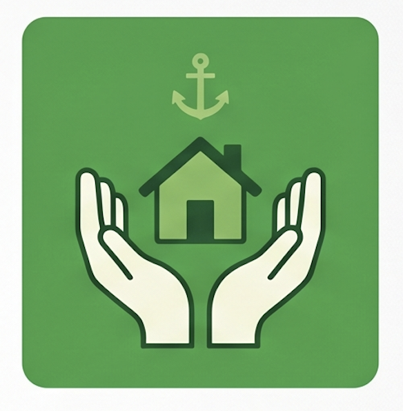 Green background with a house icon being held by two hands and an anchor symbol above.