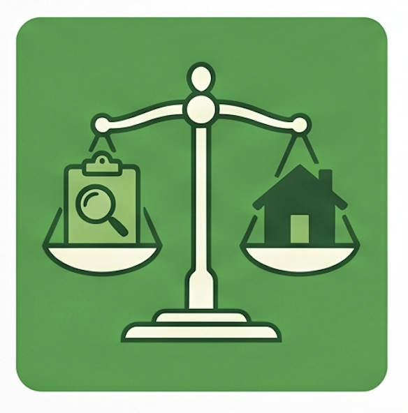 Green background with a scale weighing a clothes tag with a magnifying glass on it and a house.