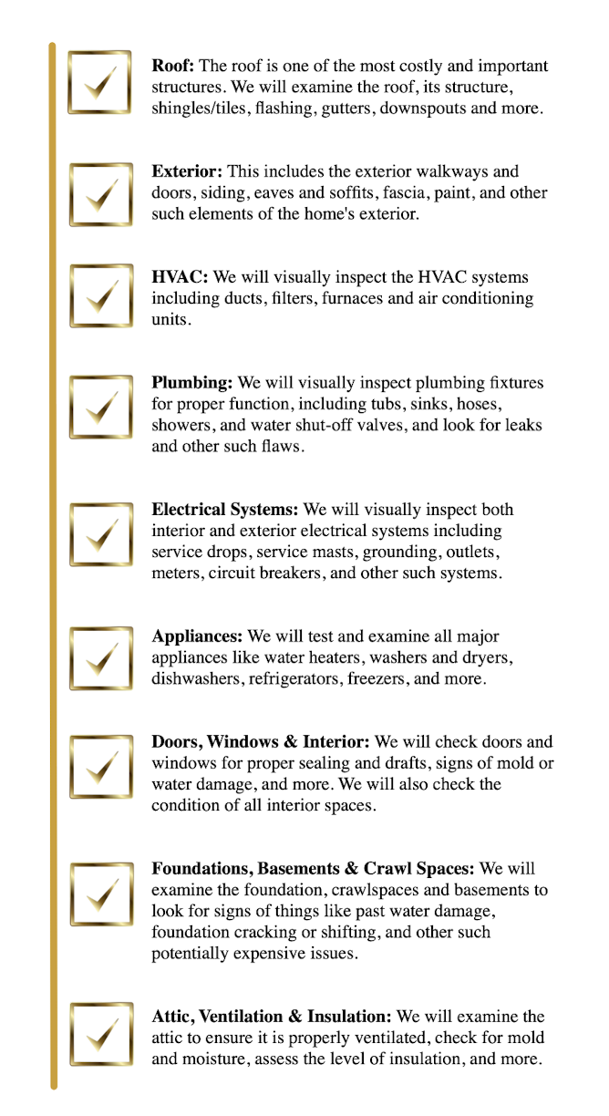 List of home inspection topics with checkboxes, including roof, exterior, HVAC, plumbing, electrical systems, appliances, doors and windows, foundations and crawl spaces, attic, ventilation and insulation.