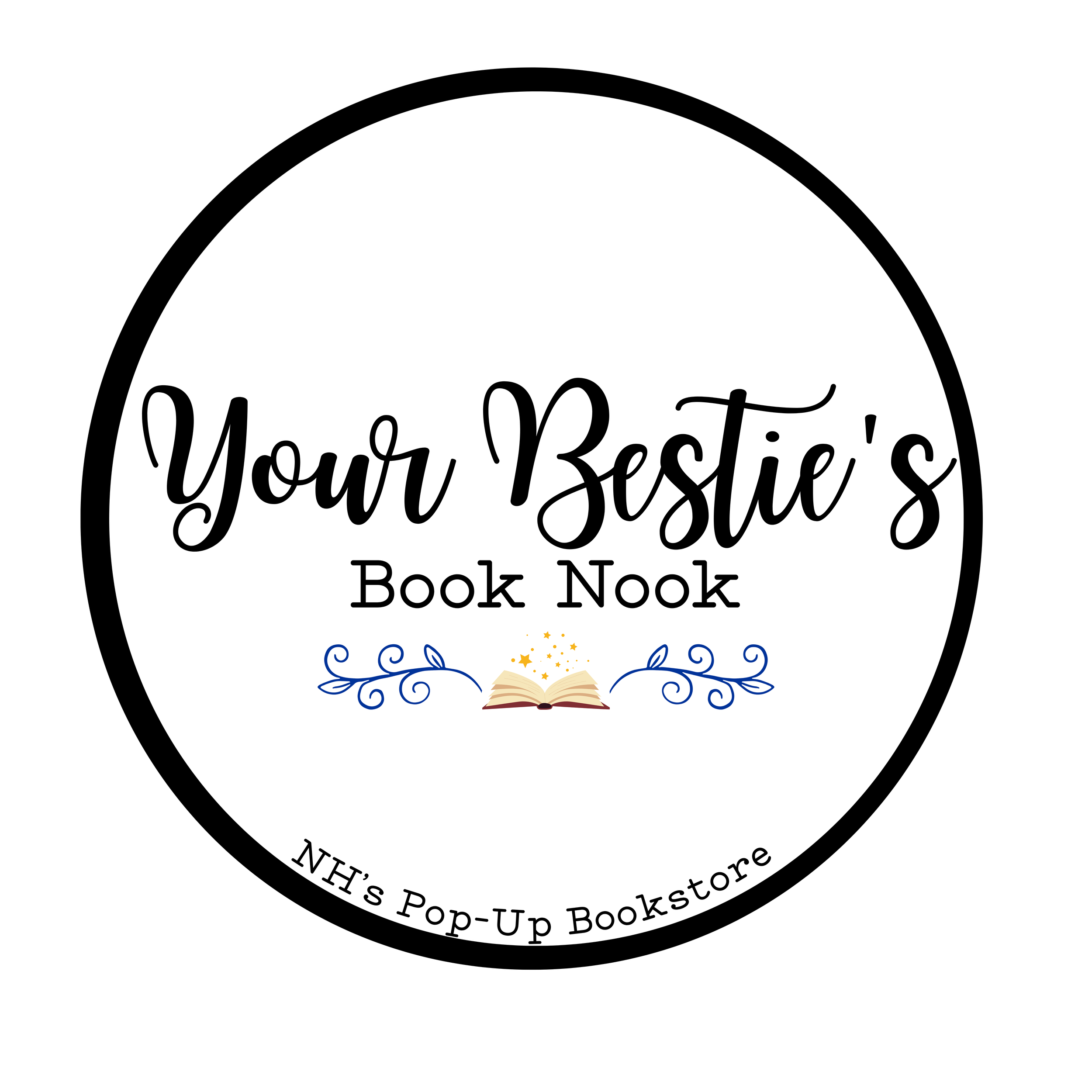 Decorative sign with the words "Your Restie" in a stylish font, featuring an open book illustration, surrounded by gold stars and blue swirling decorative elements.