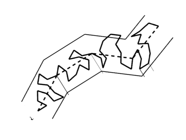 A black and white line drawing of a polymeric shape with interconnected angular segments and dashed lines indicating edges or separations.