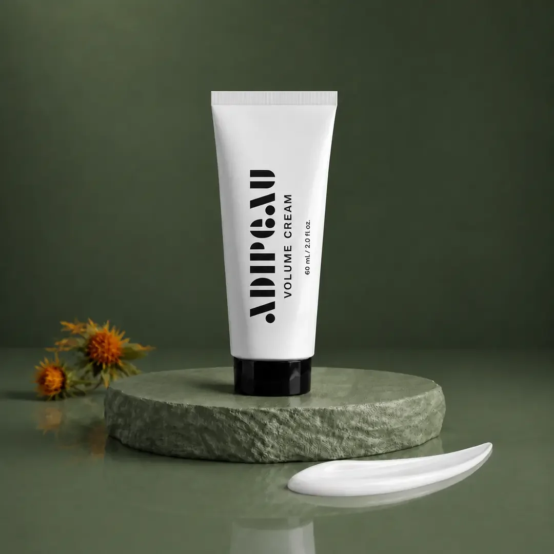 A white tube of volume cream labeled 'ADID' placed on a round stone platform with orange flowers and a dollop of cream in front, against a green background.