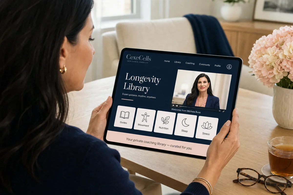 Woman holding a tablet displaying a website for CexeCells' Longevity Library, with sections for guides, movement, nutrition, sleep, and stress, sitting at a table with a flower arrangement and tea.