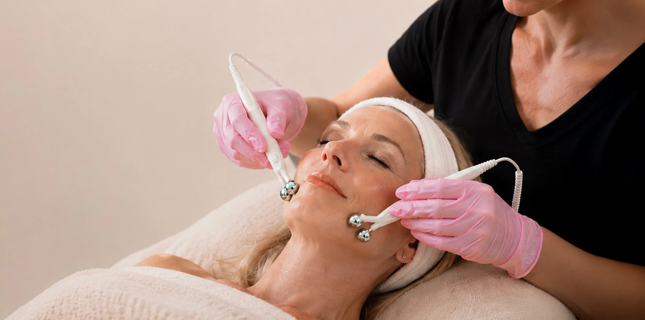 A woman receiving a facial treatment with a skincare device while lying down with a headband, and a practitioner wearing pink gloves applying the device.