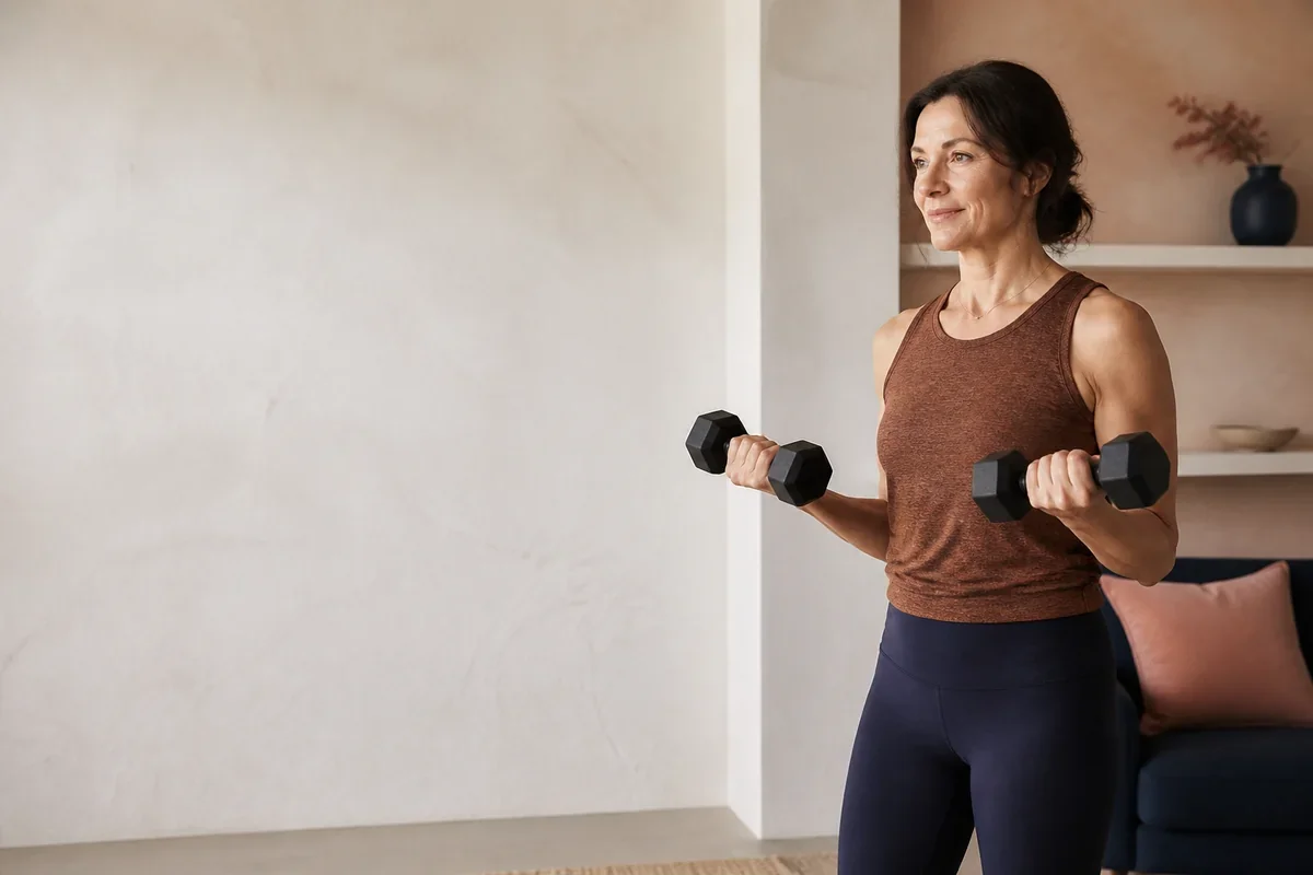 A middle-aged woman in a brown sleeveless top and dark blue leggings exercises with black dumbbells in a living room.