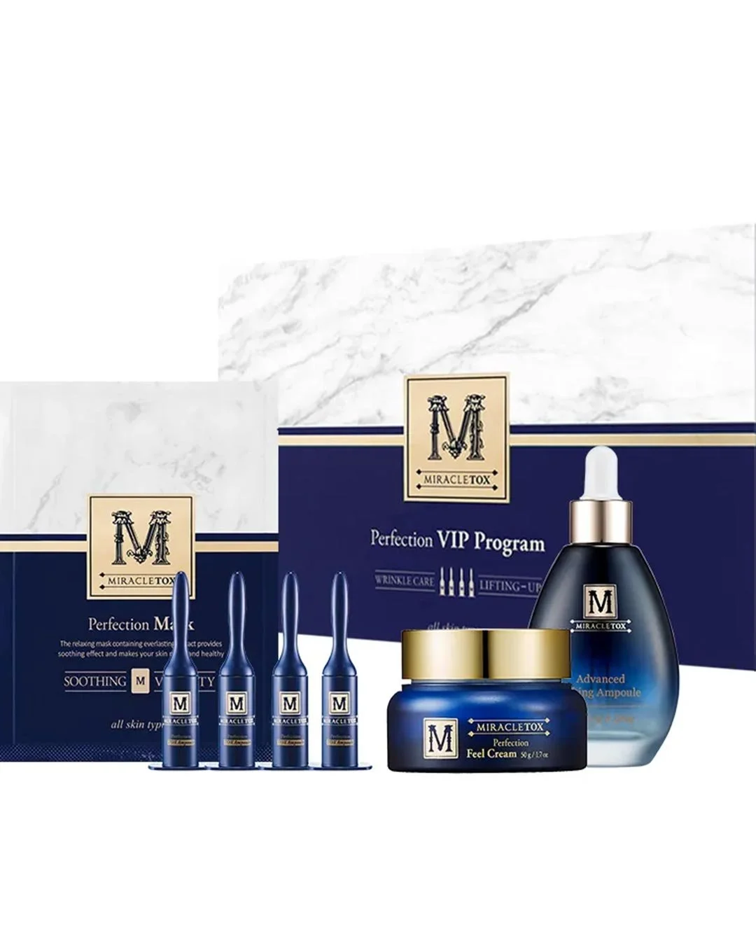 Collection of Miracletox skincare products including ampoules, cream, and serum in navy blue and gold packaging with a white marble background.