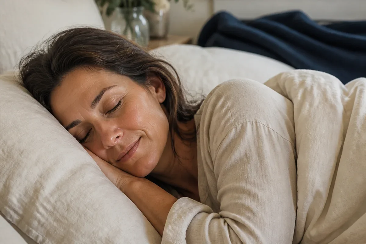A woman with dark brown hair sleeping peacefully on her side in bed, resting her head on a pillow.