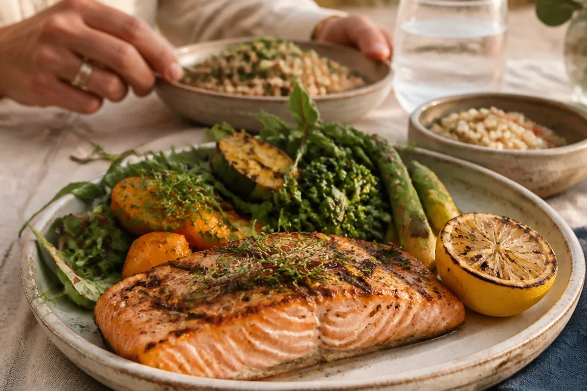 A plated salmon fillet with grilled lemon, roasted carrots, green beans, and broccoli, accompanied by bowls of rice and a glass of water in the background.