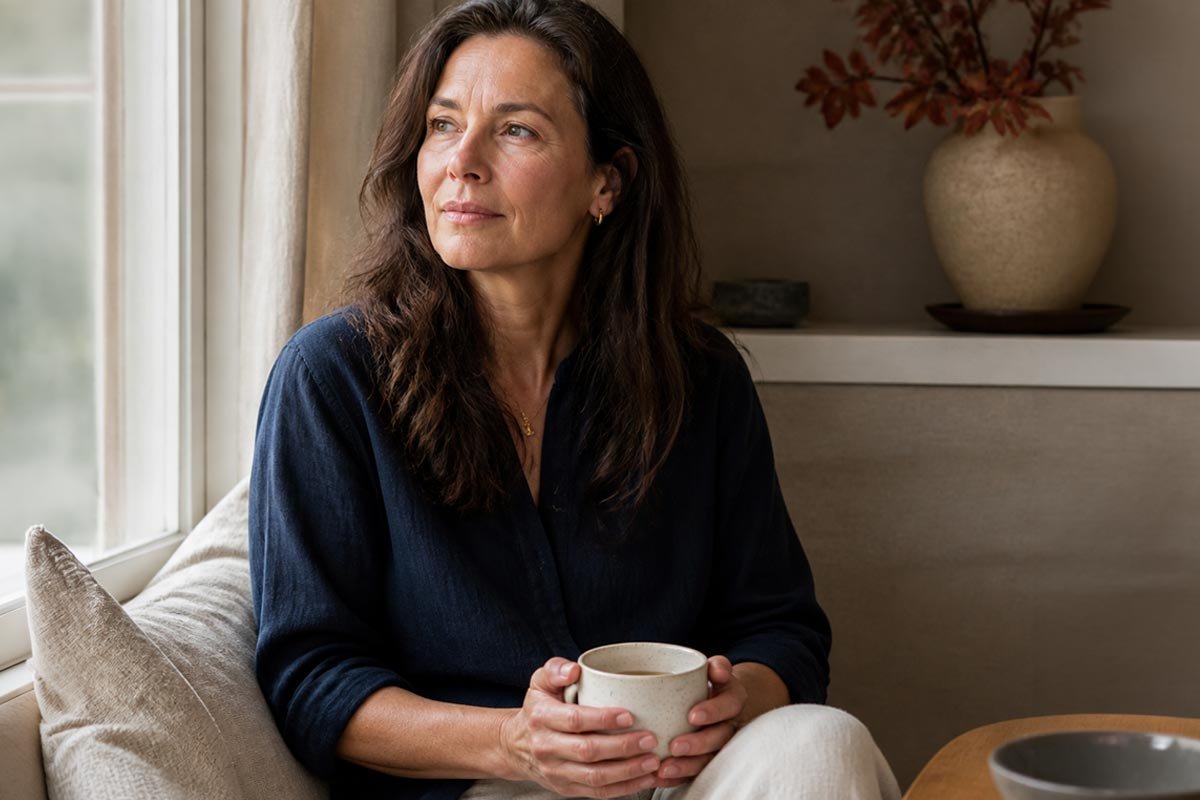 A woman with long dark hair sitting on a couch by a window, holding a coffee mug, looking contemplative.