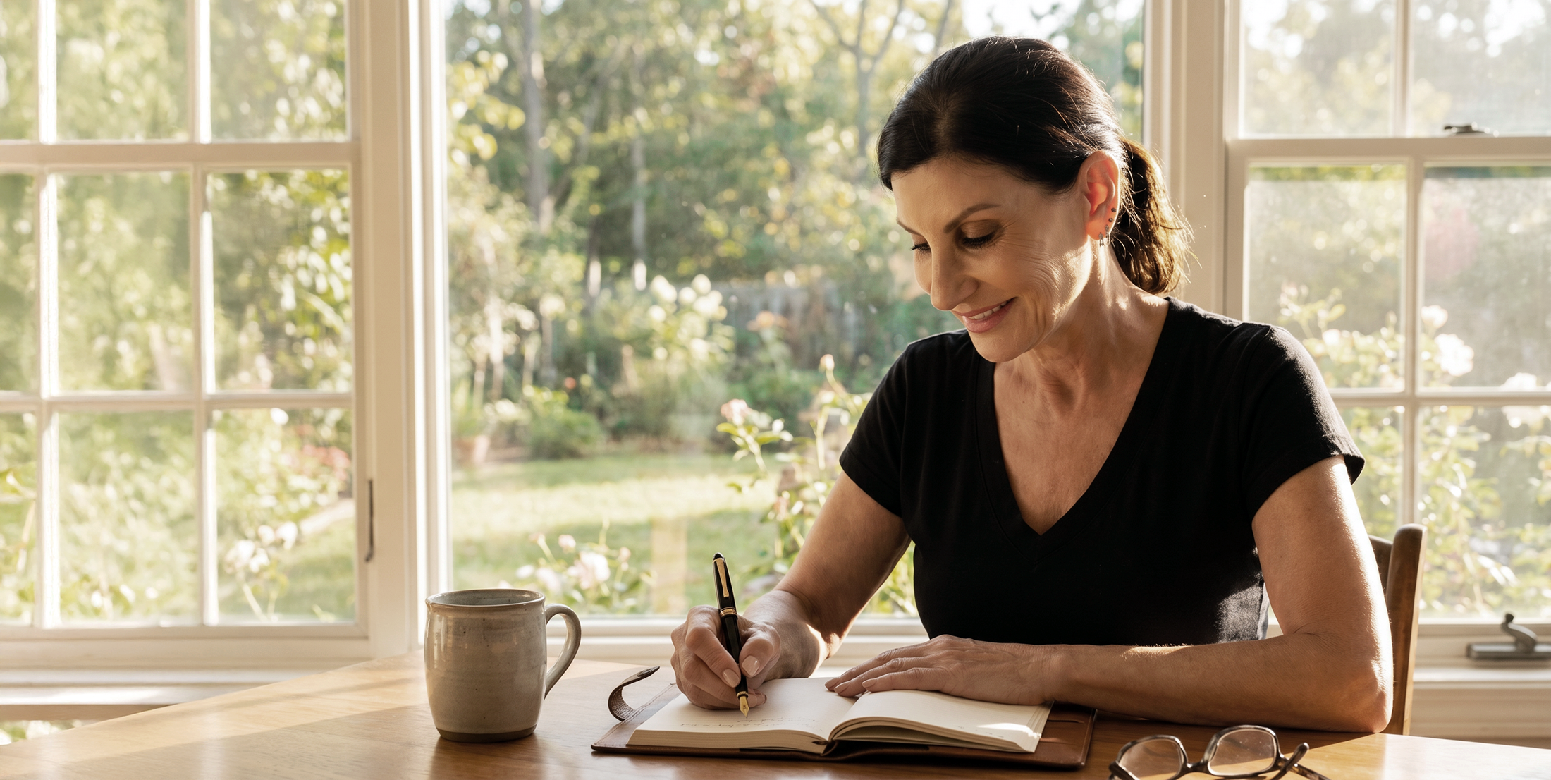 A woman with dark hair sitting at a wooden table near a large window, writing in a notebook with a pen, with a mug and glasses nearby, and a garden visible outside.