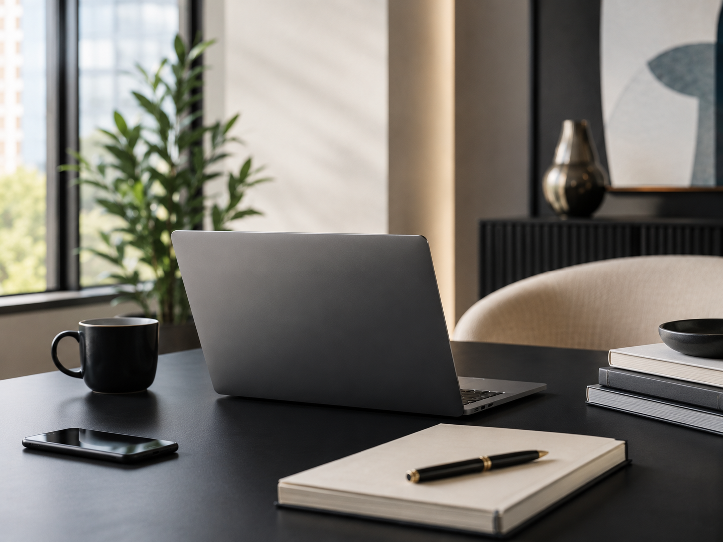 Modern office workspace with a laptop, black mug, smartphone, notepad with a black and gold pen, stacked books, black bowl, and a large window with greenery outside.