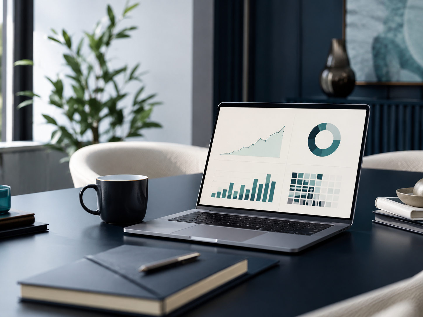 A modern office desk with a laptop displaying charts and graphs, a black coffee mug, a closed notebook with a pen, some additional books and a bowl, in a room with a large window, a green plant, and a wall with abstract art.