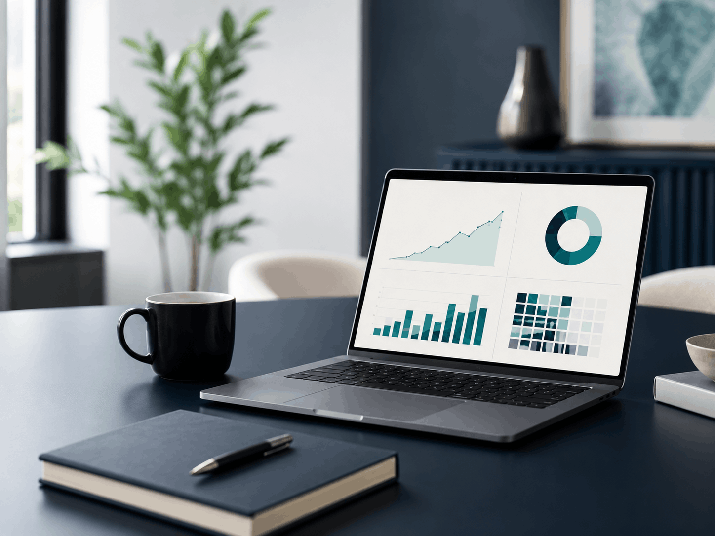 A laptop displaying graphs and charts on a dark blue table, with a black coffee mug, a closed notebook with a pen, and a plant in the background.