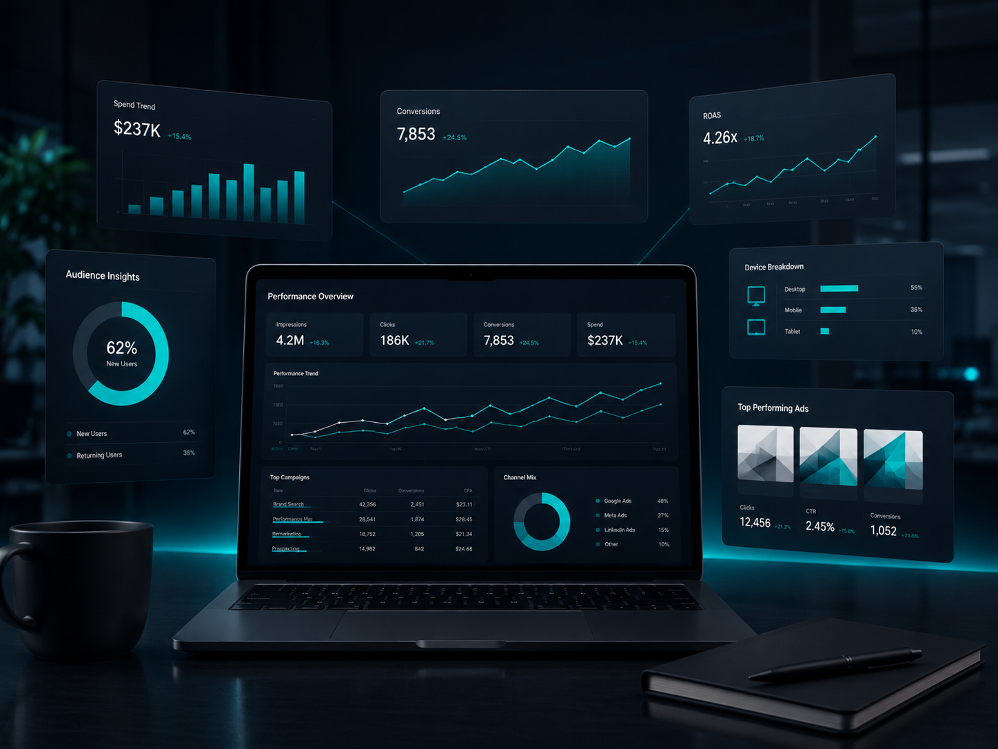 A laptop displaying analytics dashboards with graphs, charts, and metrics; a coffee mug to the left, a notebook, and a pen on a dark table.