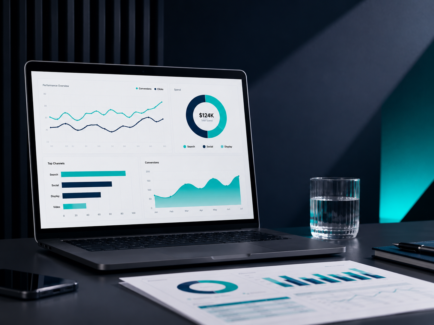 Laptop on a desk displaying analytics charts, alongside a glass of water, notebooks, and a pen.