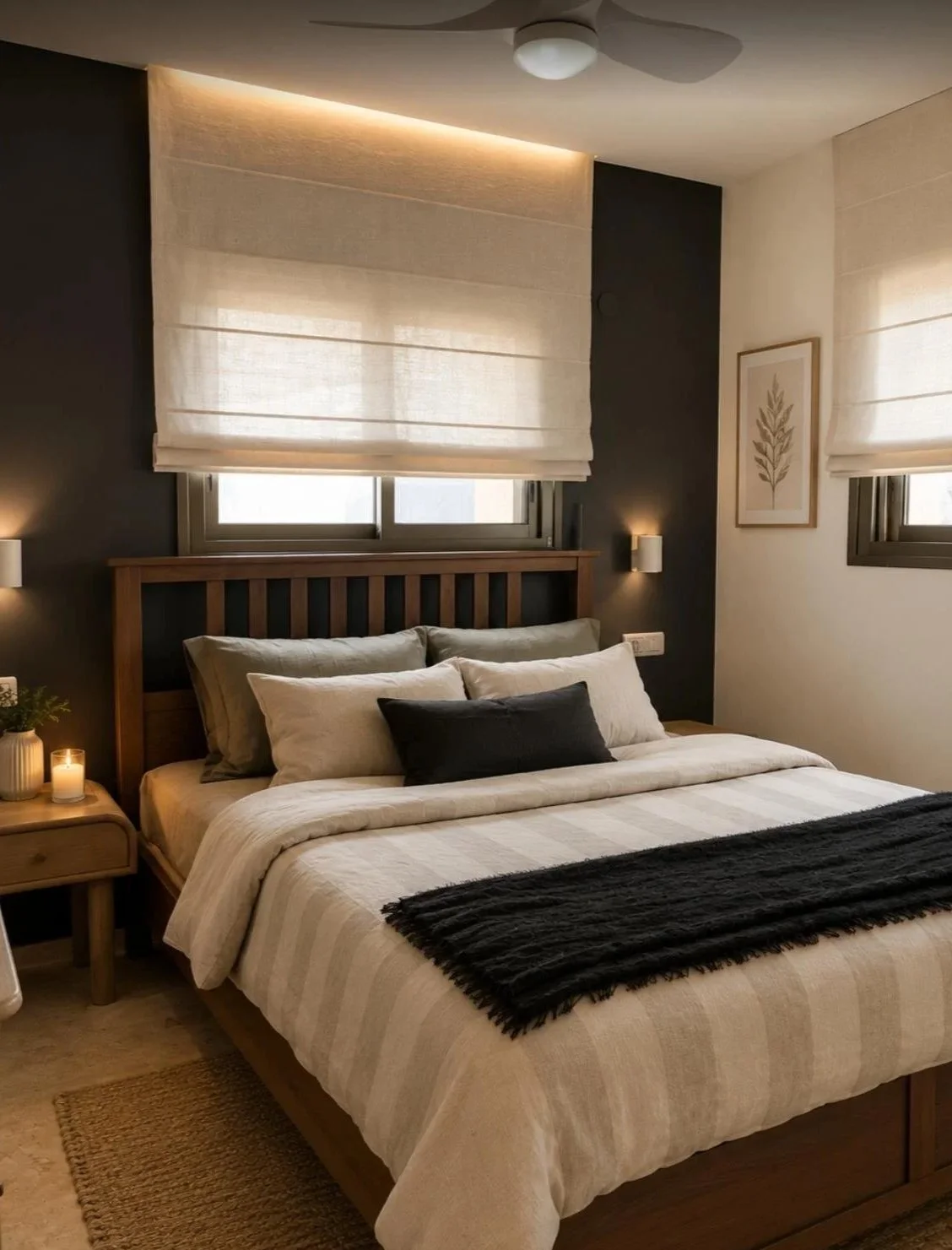 A cozy bedroom with a wooden bed frame, beige bedding, black and gray pillows, a black blanket, two windows with beige shades, wall-mounted lights, a framed leaf art, a nightstand with a candle, plant, and a small lamp.