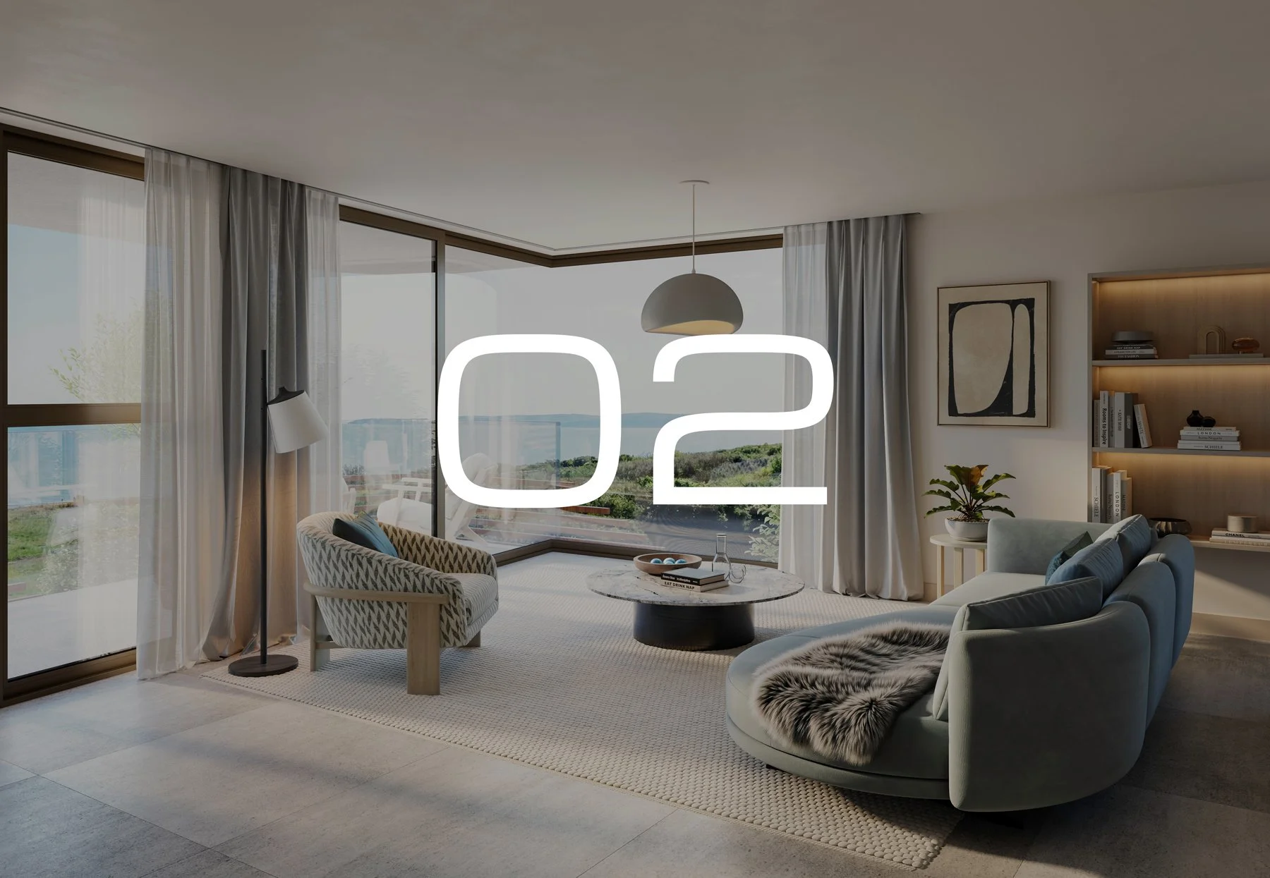 Apartment 02. Modern living room with large windows revealing a scenic outdoor view, featuring a round marble coffee table, an armchair with patterned upholstery, a sofa with throw pillows, bookshelf, framed wall art, and elegant curtains.