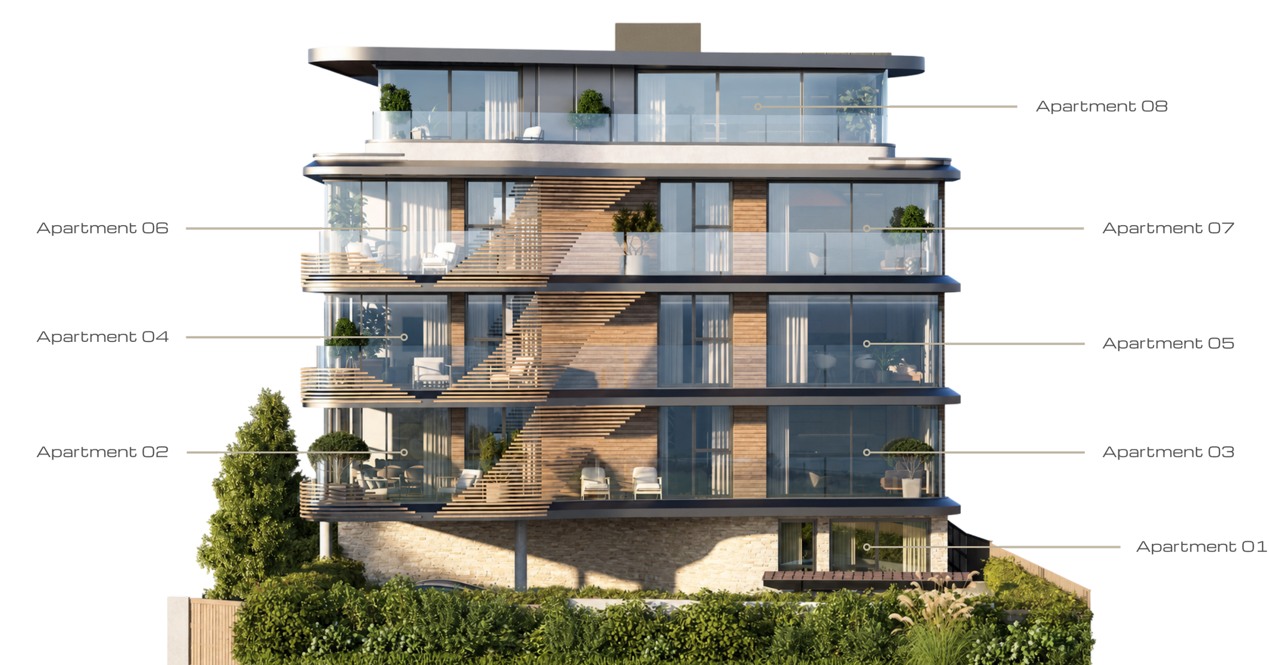 A modern multi-story residential building with labeled apartments from 01 to 08. The building features large glass windows, glass railings, and wooden and concrete exterior finishes. It has outdoor balconies with furniture and greenery, and a landscaped area at the ground level.