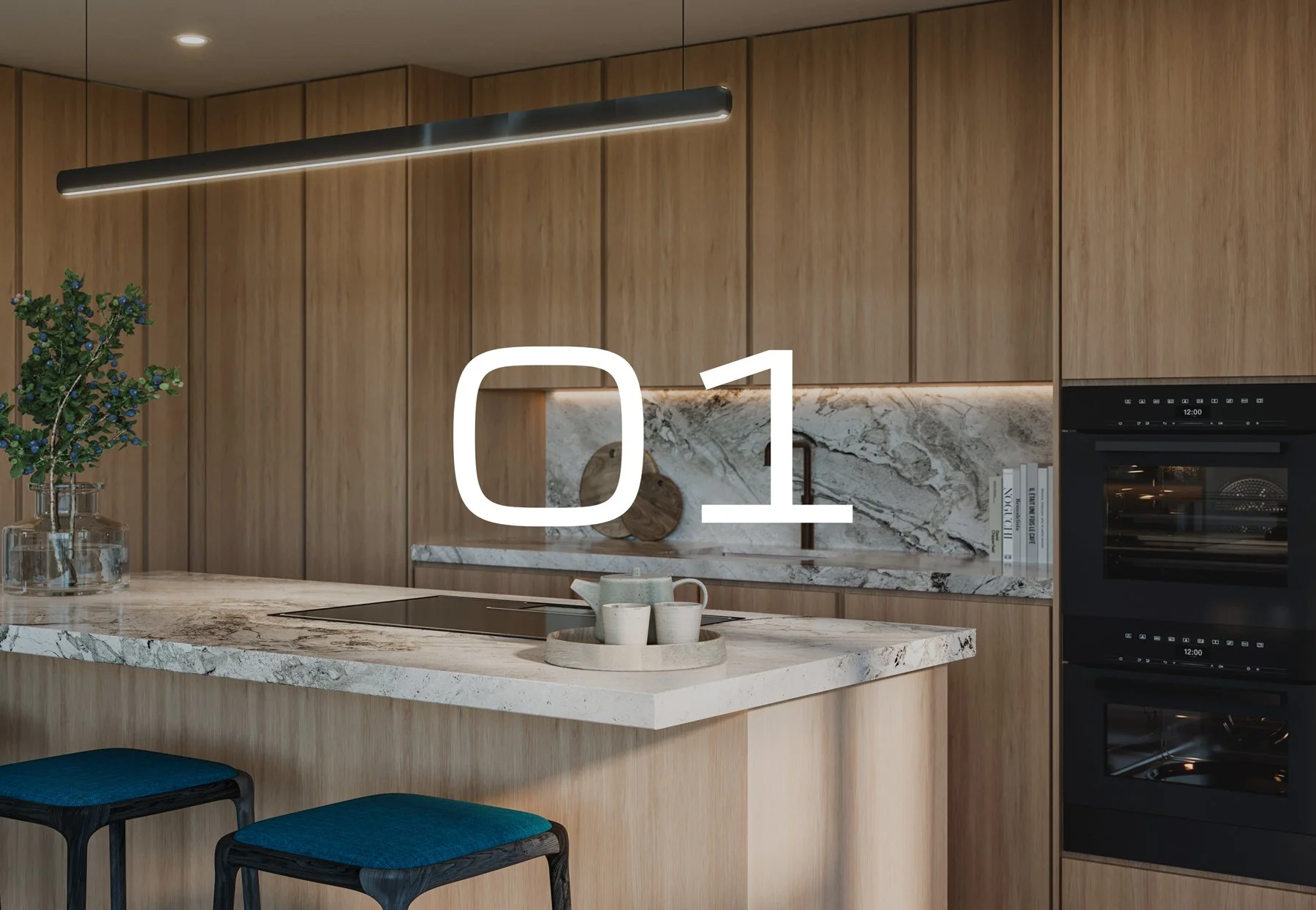 Apartment 01. Kitchen with wooden cabinets, marble countertop, built-in oven, green plant in a glass vase, and blue cushioned bar stools, centered on a kitchen island.