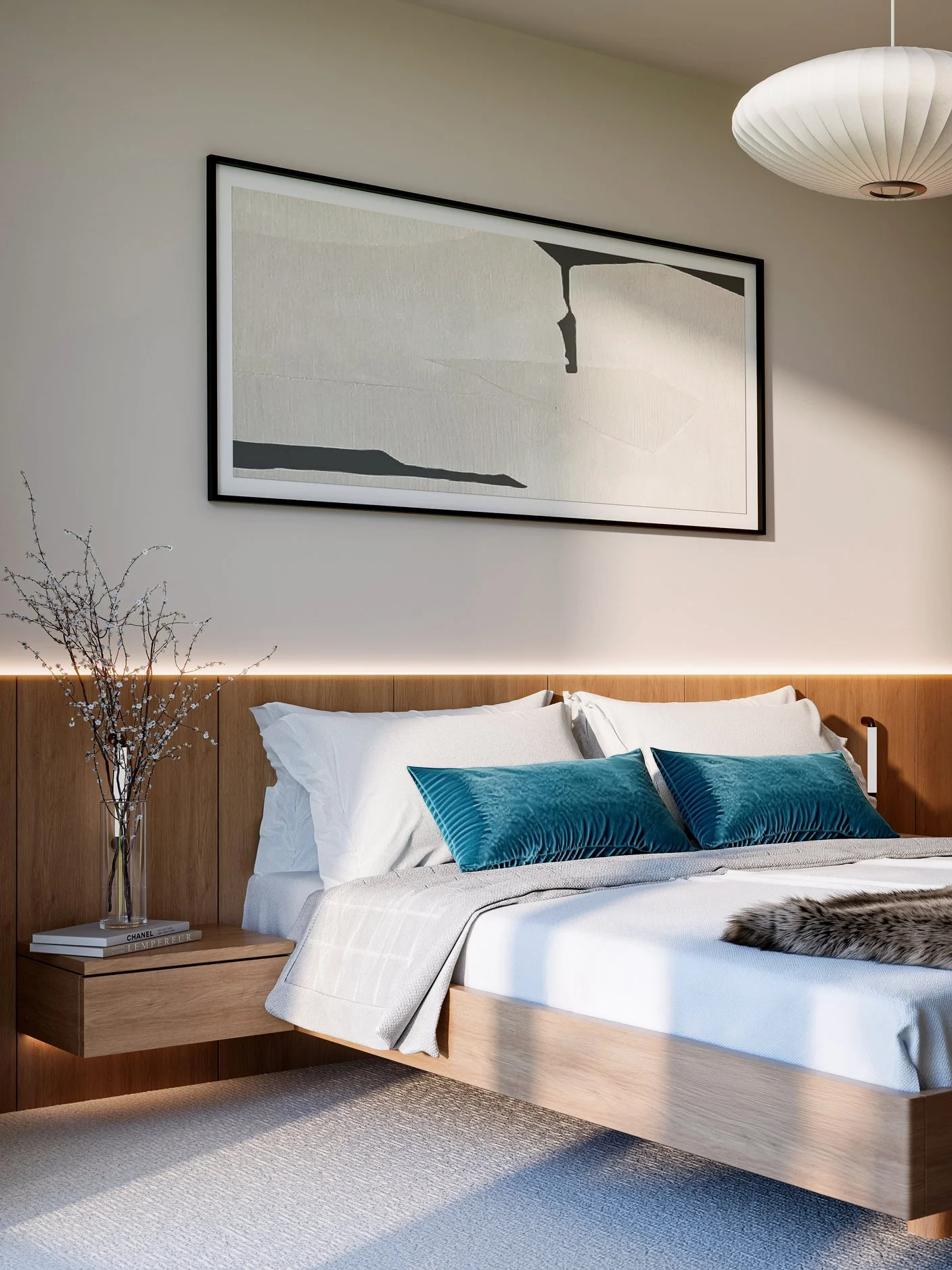 Modern bedroom with a bed, white bedding, and blue pillows, a nightstand with a vase of branches, and a large abstract painting on the wall.