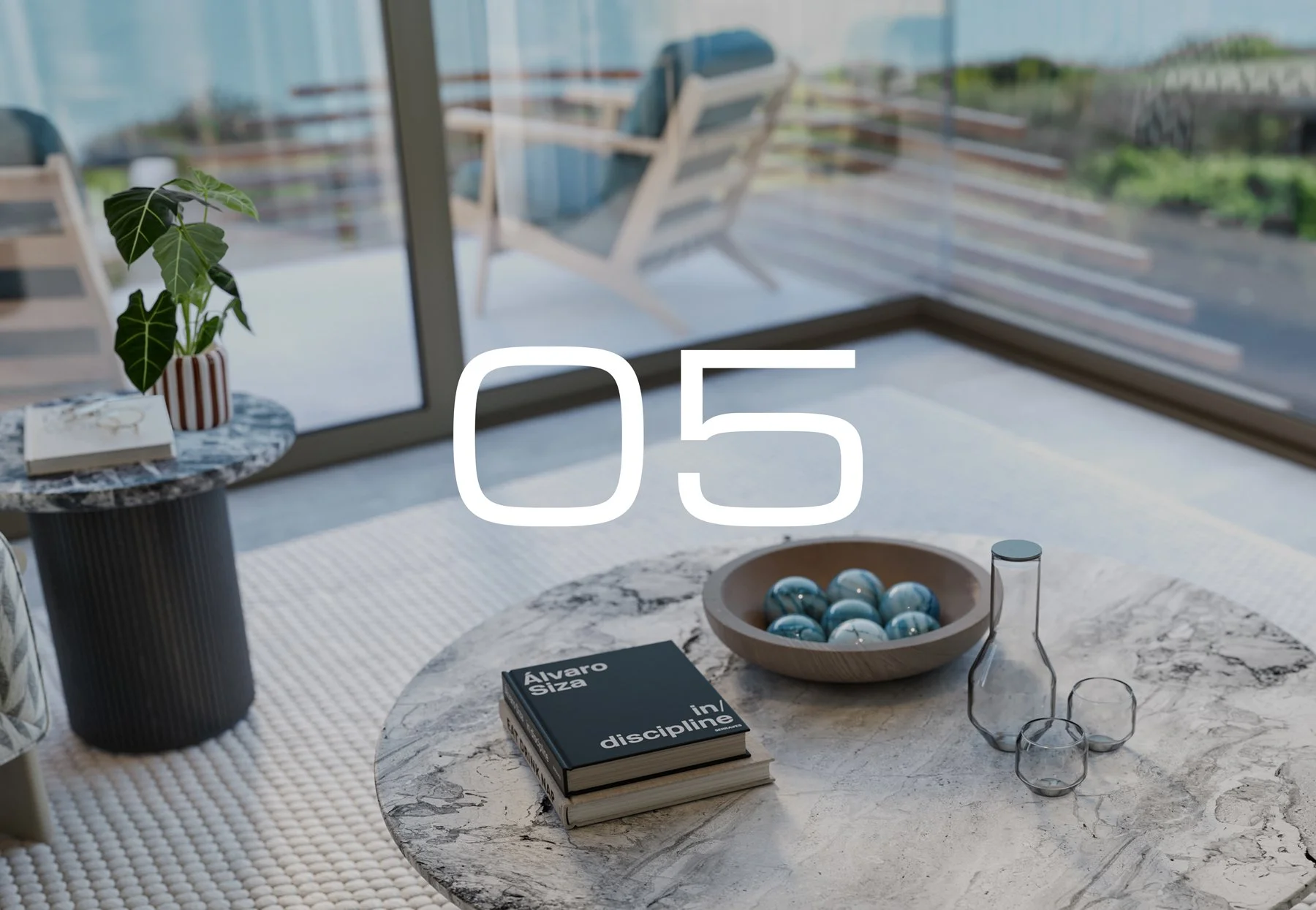 Apartment 05. Contemporary living room with a large window overlooking a city skyline.  A side table holds a potted plant and a closed book.