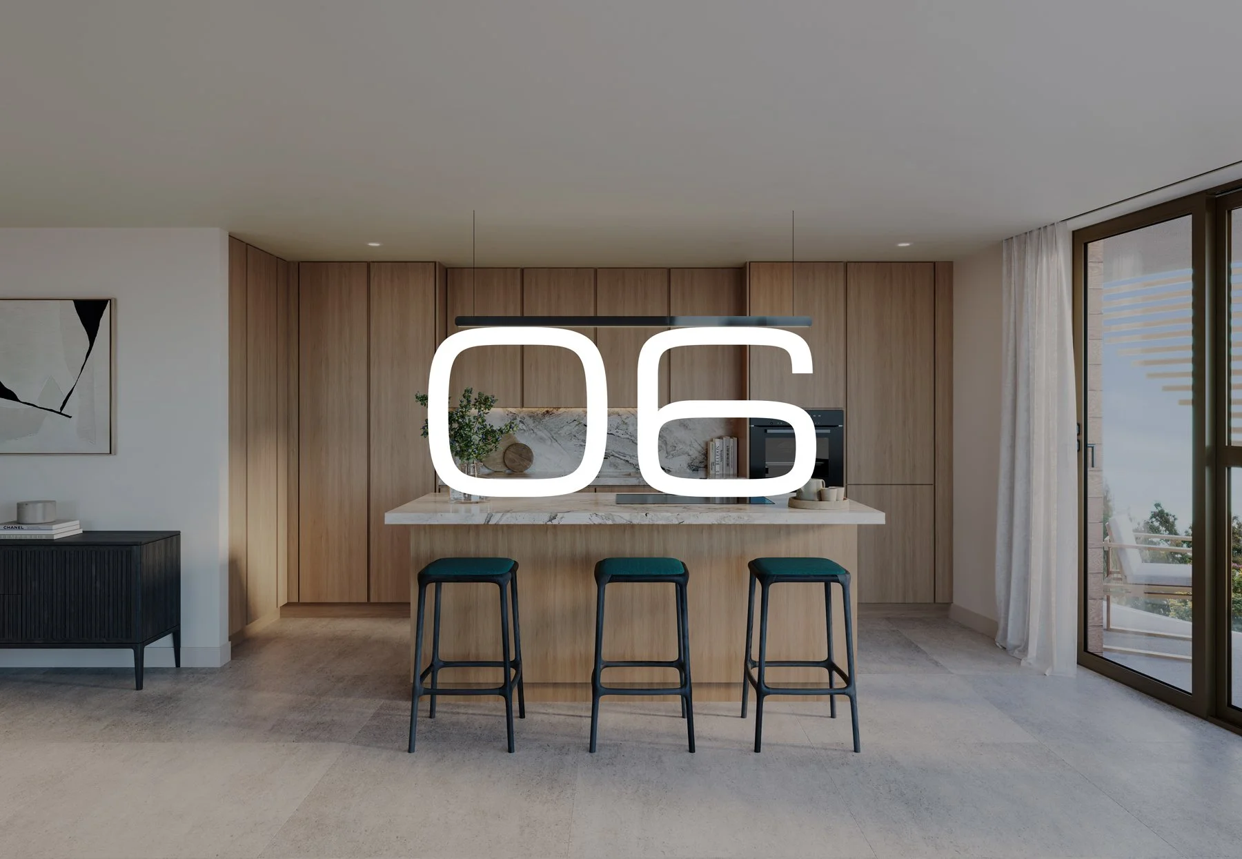 Apartment 06. Modern kitchen with wooden cabinets, marble island, and three black bar stools, bright natural light from large window and sliding door with curtains.