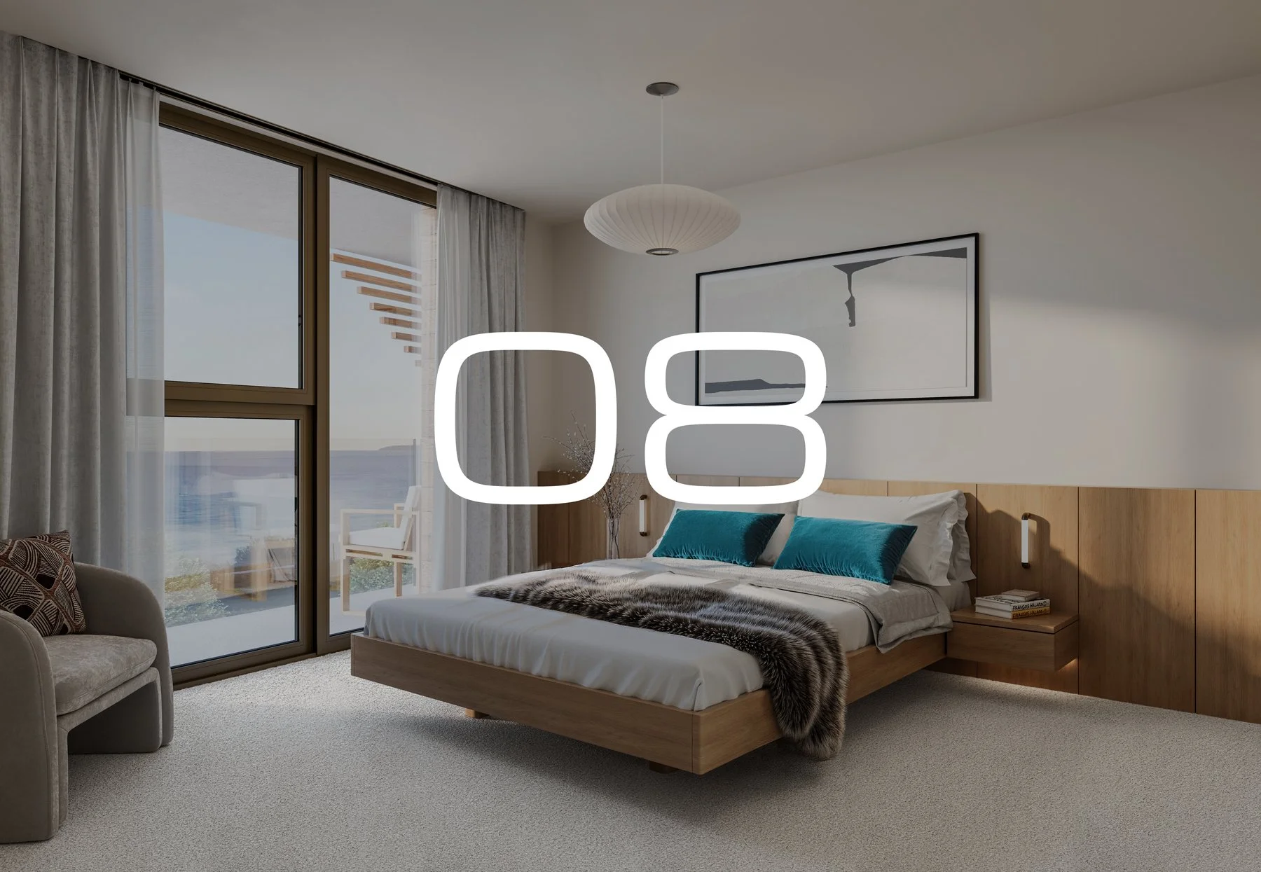 Apartment 08. Modern bedroom with large window and balcony view of the ocean, a minimalist bed with teal pillows, and a piece of abstract wall art.