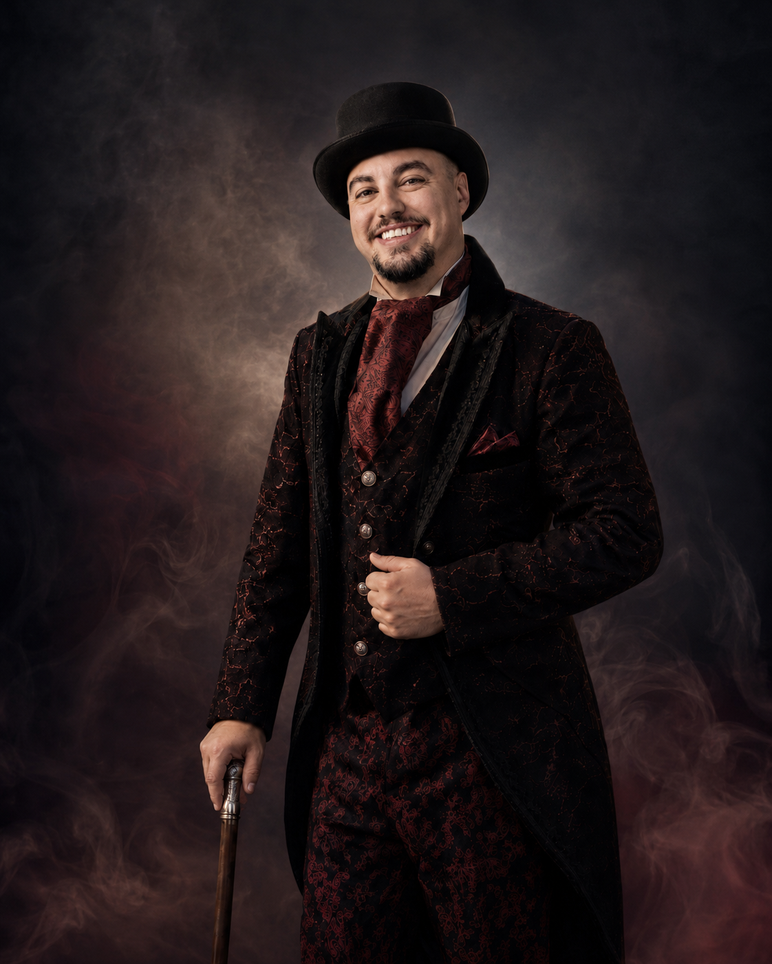 A man dressed in Victorian-style clothing, including a black top hat, a richly patterned velvet coat, and a red paisley scarf, stands with a cane in his right hand against a dark, smoky background.