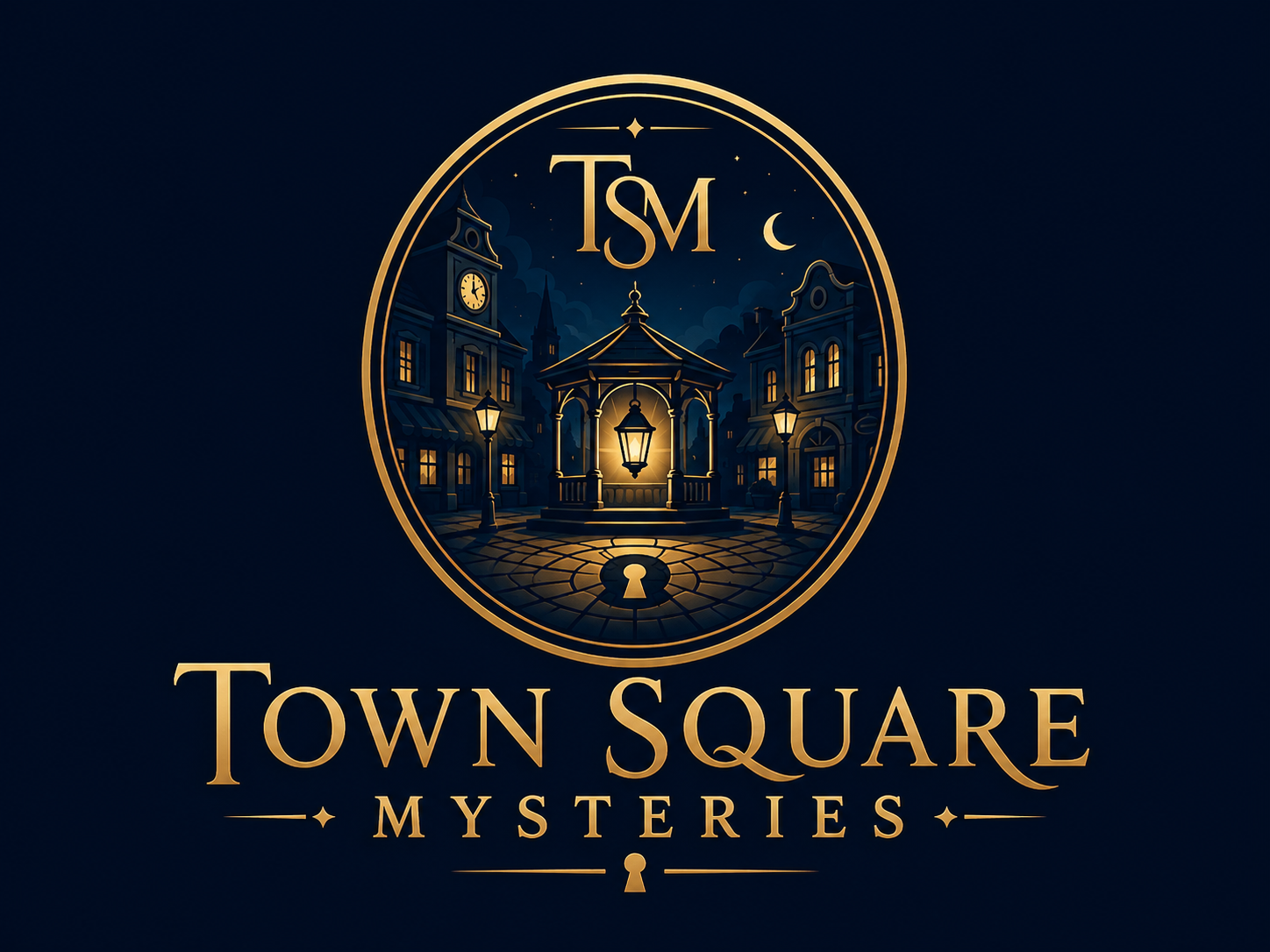 Logo for Town Square Mysteries featuring a circular design of a town square at night with a gazebo, street lamps, and buildings with clocks and windows, with the initials TSM at the top and the title Town Square Mysteries at the bottom.