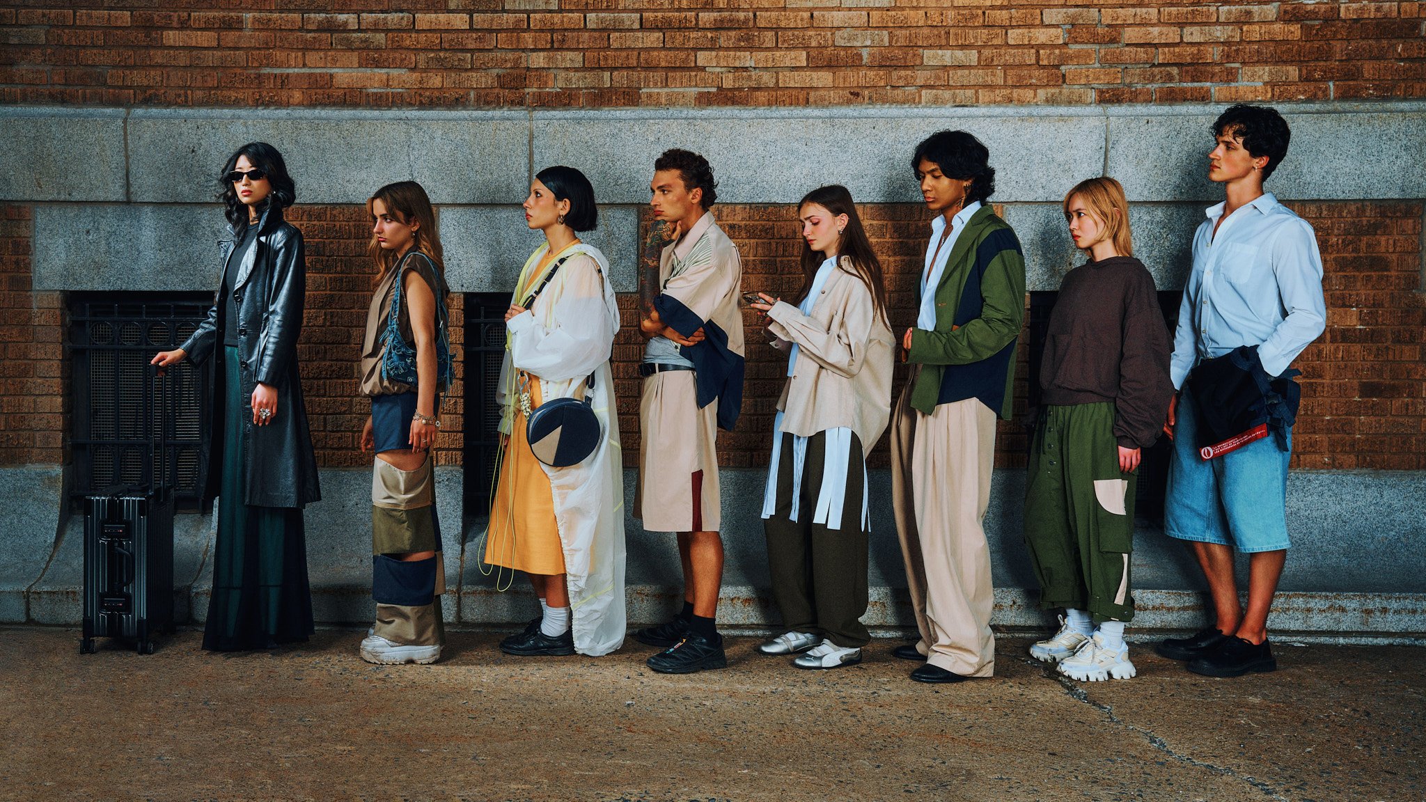 Eight models queued against a brick wall in Quebec designer looks, large-format fashion photography by Philippe Manh