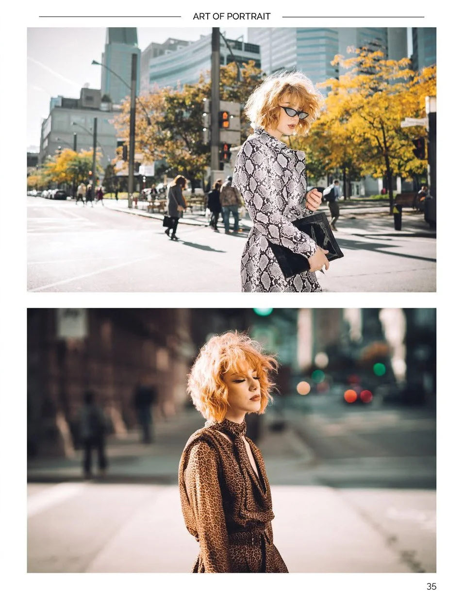 Montreal fashion photographer editorial portrait, model in a snakeskin print coat with a black clutch on an autumn city street.