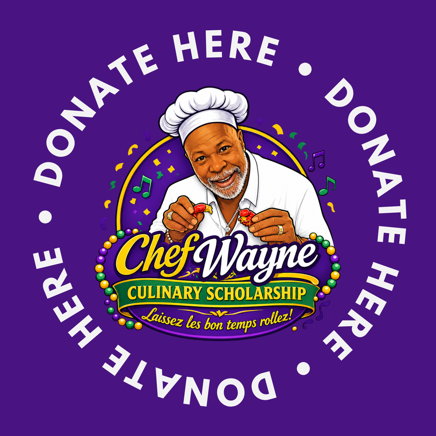 Colorful promotional poster for Chef Wayne's culinary scholarship featuring a cheerful man wearing a chef's hat, holding lobster claws, with musical notes and confetti in the background, and slogans in English and French.