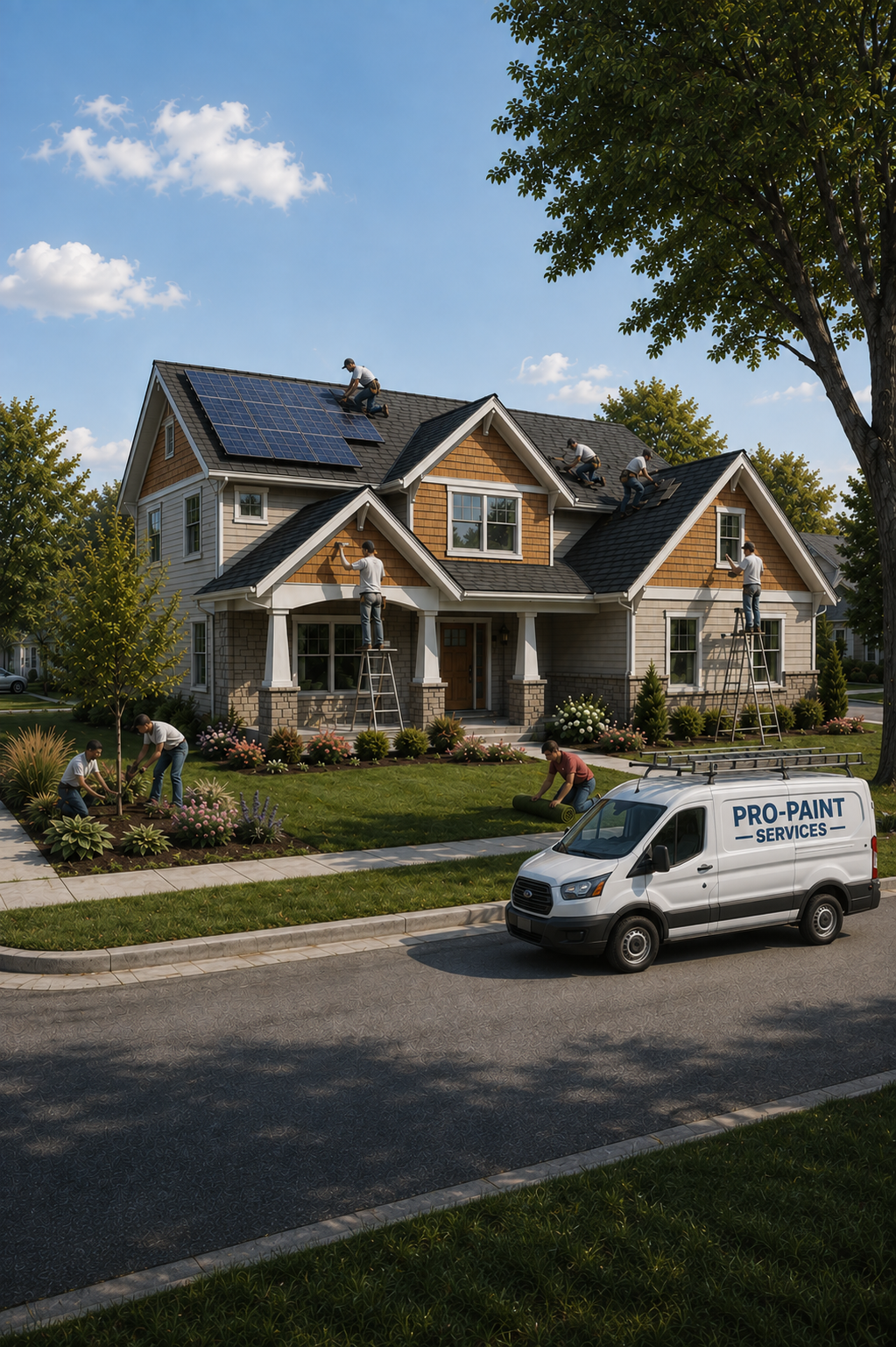 A house receiving roof maintenance with workers installing solar panels and painting, surrounded by landscaping, and a Pro-Paint Services van parked outside.