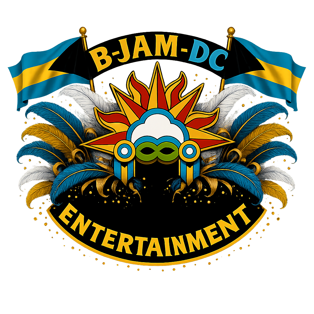 Decorative logo with the text 'BJAM-DC ENTERTAINMENT' featuring colorful feathers, flags, and a central mask or face with green eyes, surrounded by a sunburst design.