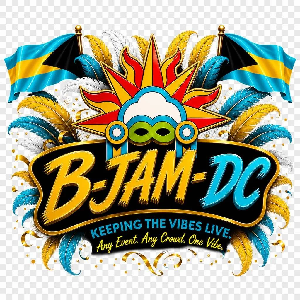 Colorful logo for B-JAM DC featuring a sun, feathers, and the flags of Bahamas with the slogan "Keeping the Vibes Live."