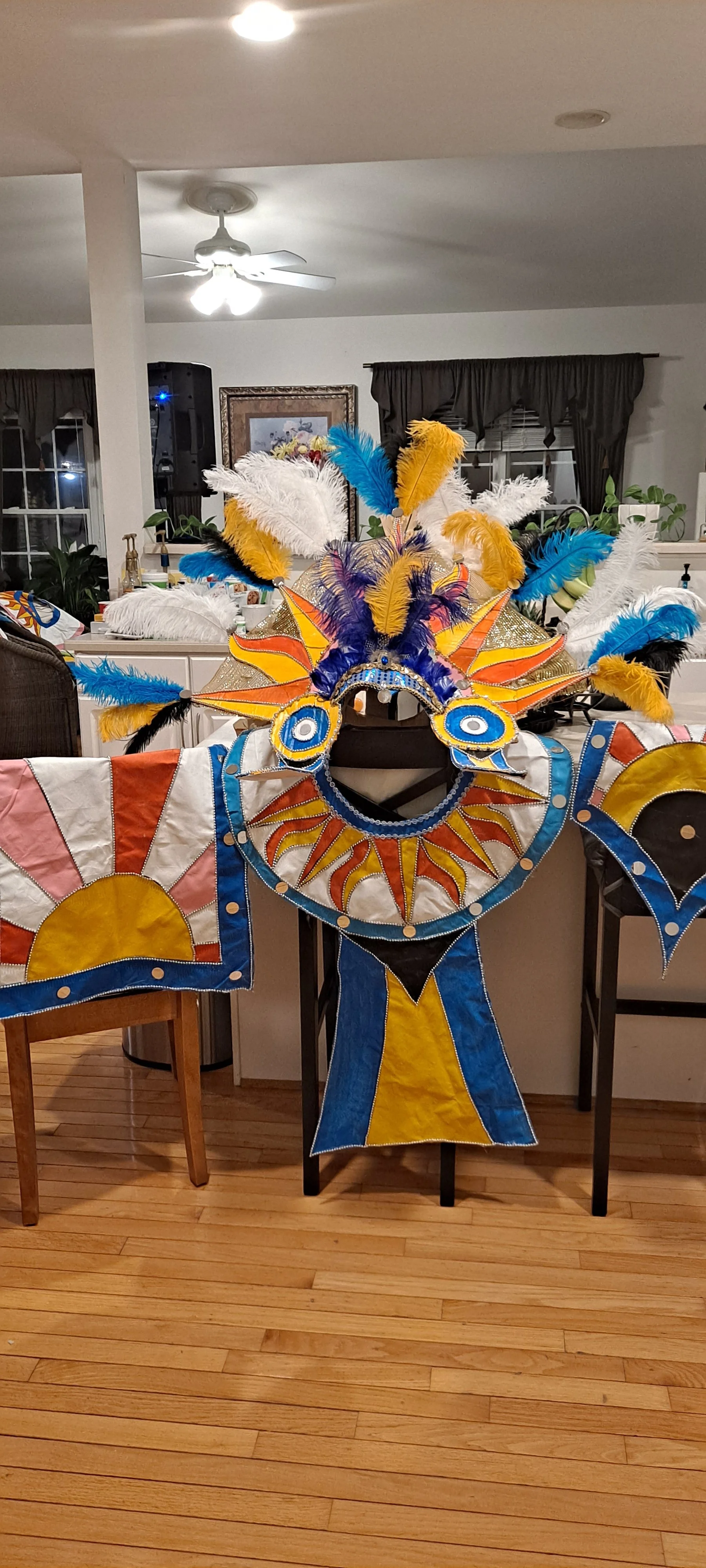Colorful decorative mask and costume with feathers, likely for a cultural or festive event, displayed indoors on a table.