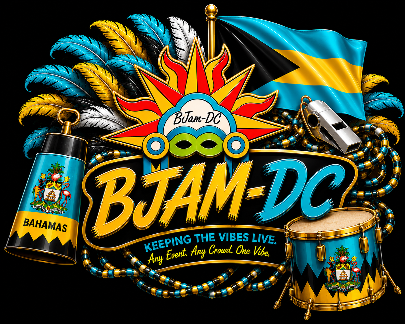 Colorful graphic celebrating Bahamas with feathers, flag, drums, beads, and banners, featuring the text "BJA-DM-DC" and "Keeping the Vibes Live".