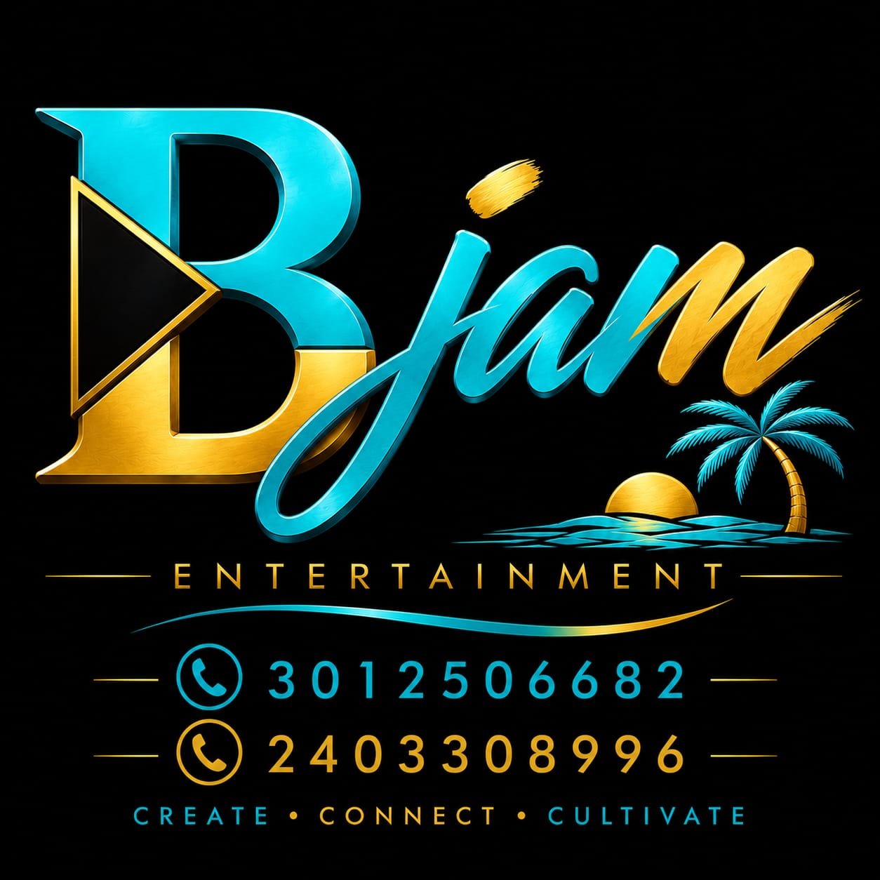 Vibrant logo for Bjam Entertainment featuring a tropical sunset, ocean, and palm tree with contact phone numbers and tagline: Create, Connect, Cultivate.