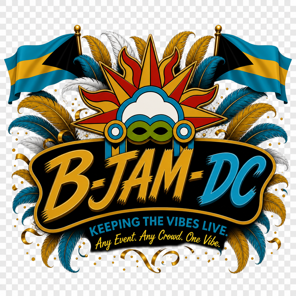 Colorful logo for B-JAM DC featuring feathers, flags, and a vibrant sun with the slogan "Keeping the Vibes Live" and the phrase "Any Event. Any Crowd. One Vibe."