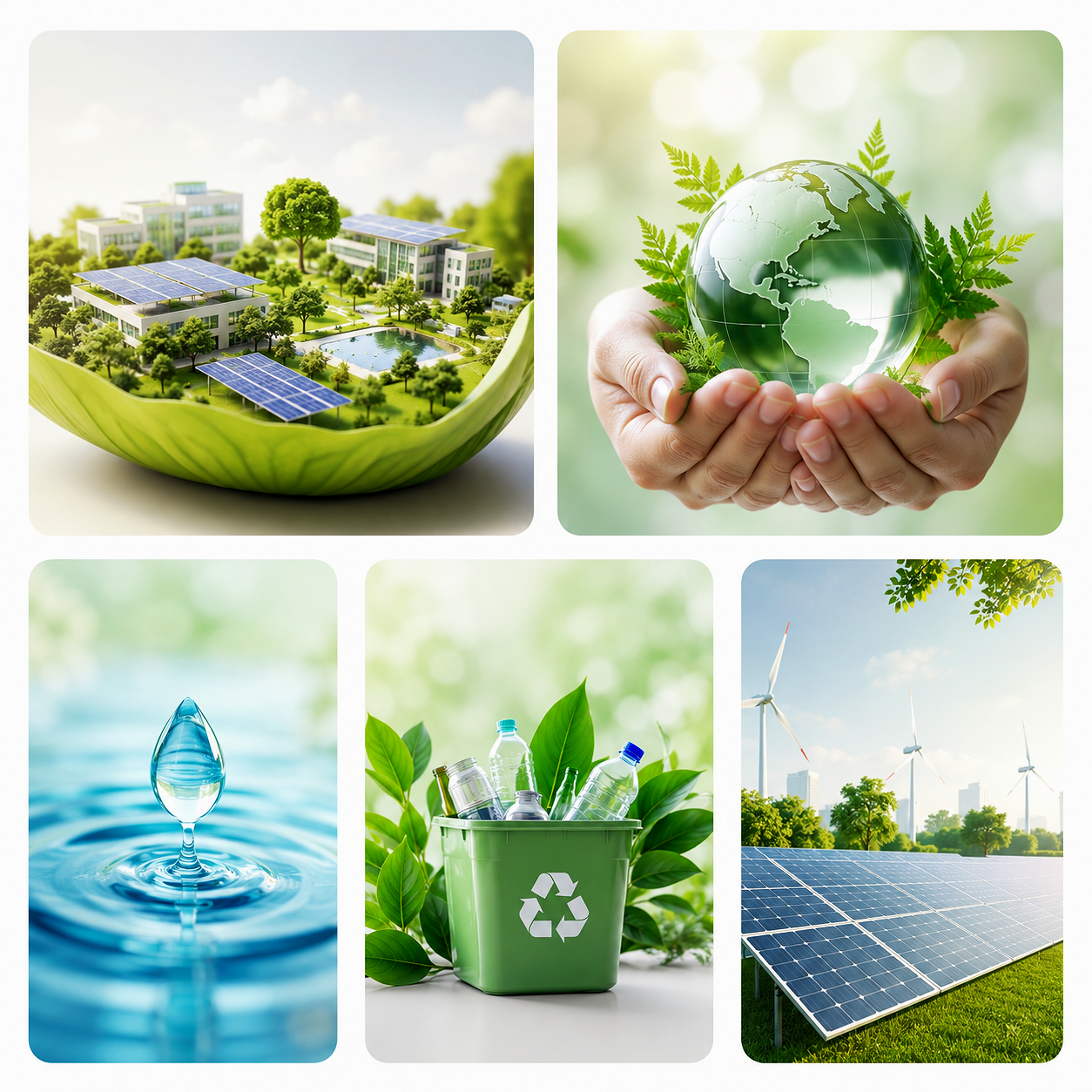 Collage of images depicting environmental sustainability: modern eco-friendly buildings with solar panels, a hand holding a globe surrounded by greenery, a water droplet on rippling water, a recycling bin filled with plastic bottles and leaves, and a solar farm with wind turbines.