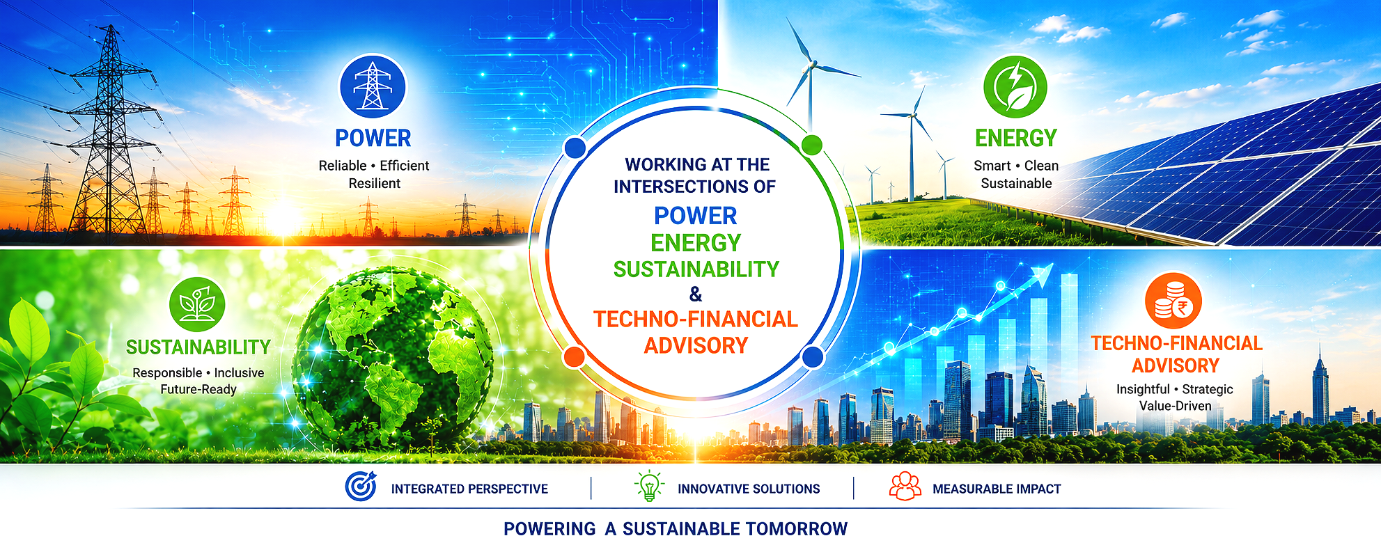 An infographic illustrating the intersection of power, energy, sustainability, and techno-financial advisory. The background features solar panels, wind turbines, and electrical transmission towers. The central circle contains the text 'Working at the intersections of Power, Energy, Sustainability, & Techno-Financial Advisory.' The infographic includes sections on power (reliable, efficient, resilient), energy (smart, clean, sustainable), sustainability (responsible, inclusive, future-ready), and techno-financial advisory (insightful, strategic, value-driven). The footer emphasizes integrated perspective, innovative solutions, and measurable impact with the phrase 'Powering a sustainable tomorrow.'